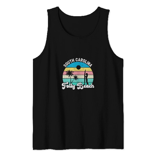 Surf Life Folly Beach South Carolina Retro Girl Surfer Pink Women Tank Tops