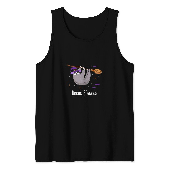 Sloth Pet Witch on a Broom Hocus Slowcus Funny Halloween Sloth Tank Tops