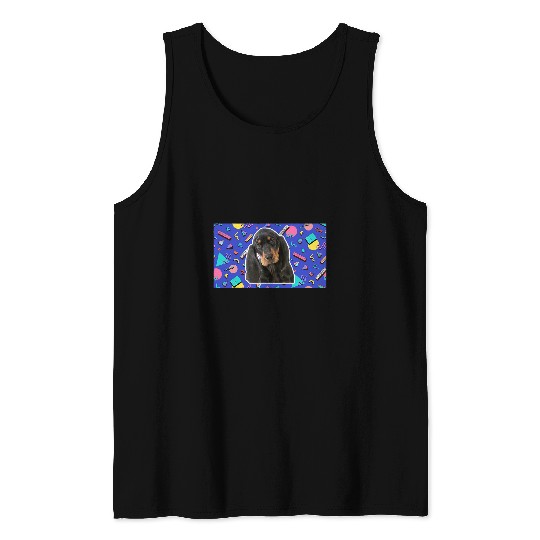 90s Sticker Pattern Dog Black and Tan Coonhound Tank Tops