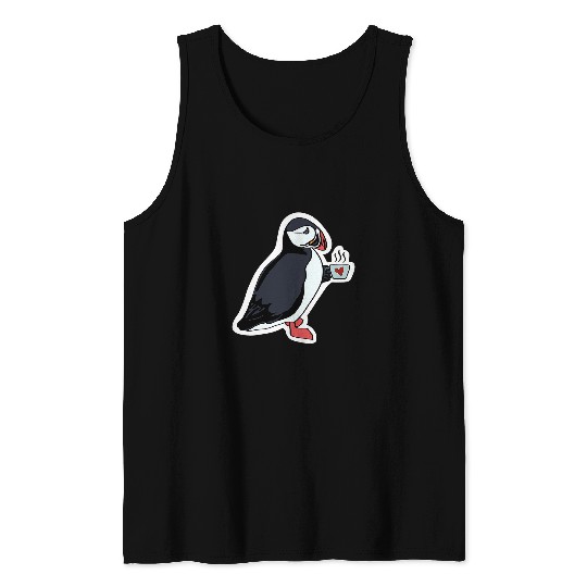 Coffee Fun Puffin Drinking Coffee Tank Tops