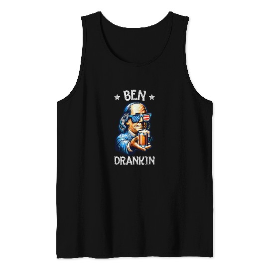 Beer Fun Ben Drankin 4th Of July USA Flag Men Drinking Beer 6 Tank Tops