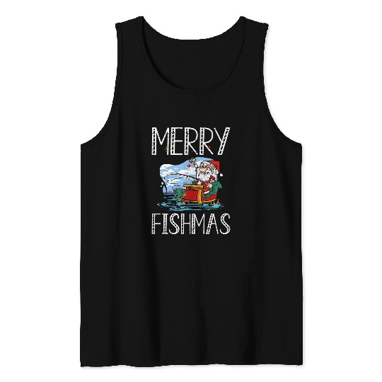 Fishing Fun Merry Fishmas Santa Claus Boat Fishing Holidays Tank Tops