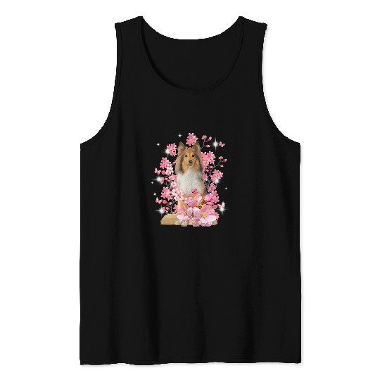 Dog Shetland Sheepdog Cherry Blossom Flowers Tank Tops