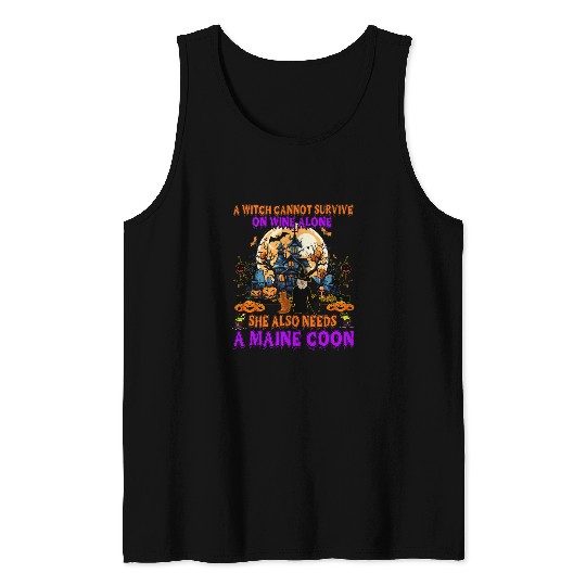 Wines Fun Halloween Witch On Wines And Funny Maine Coon Cat Costume Tank Tops