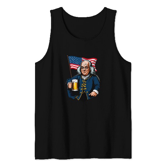 Beer Fun Benjamin Franklin With Beer Mug American Flag Tank Tops