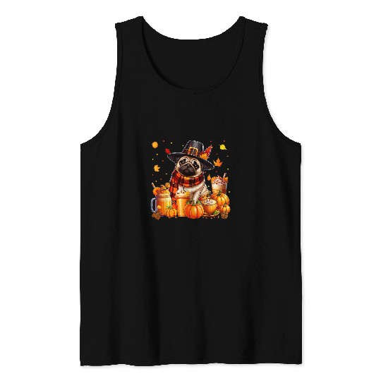 Coffee Fun Pug Thanksgiving Drinks Coffee Fall Leaves Pumpkins Tank Tops