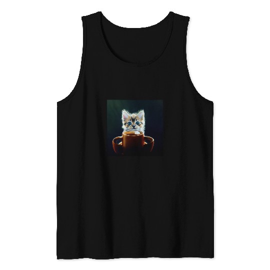 Coffee Fun Little kitten with coffee mug cat mom or dad AI designed Tank Tops