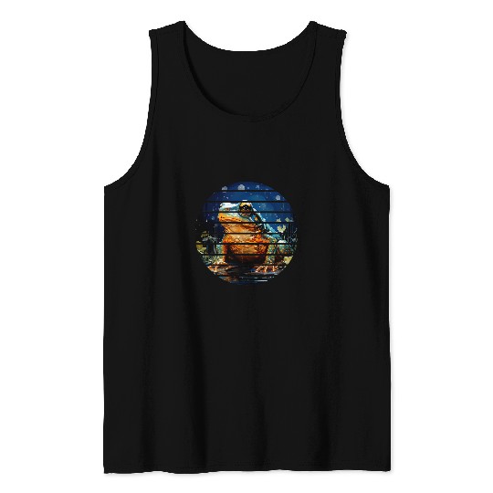 Retro circle green frog blue starry night sky pond anime art Tank Tops