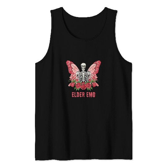 Elder Emo Goth Skeletons Butterfly Red Pink Gothic Womens Tank Tops