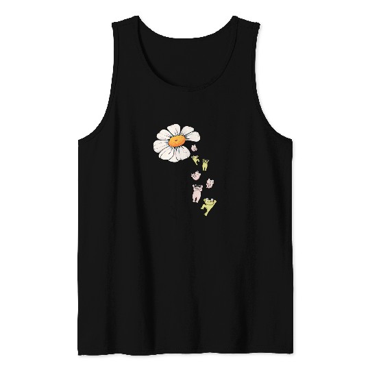 Blow Me Kawaii Flower Cottagecore Pig Frog Cute Simple Green Tank Tops
