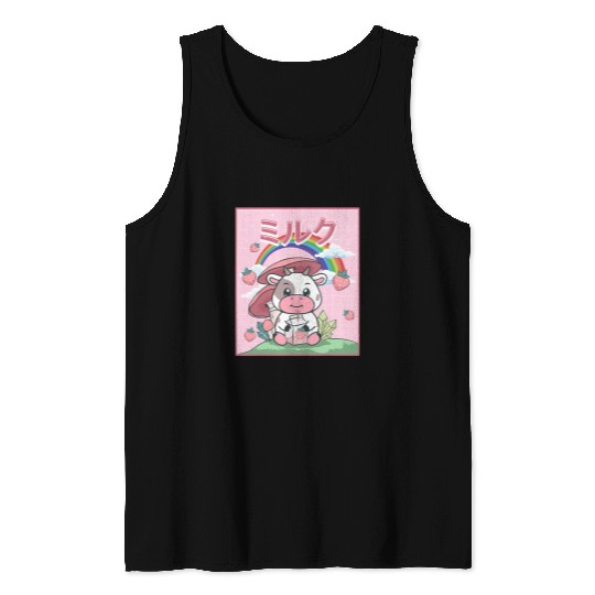 Cow Lover Cottagecore Aesthetic Kawaii Cow Strawberry Milk Tank Tops