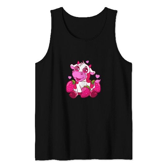 Cow Lover Cute Kawaii Strawberry Cow Barnyard Animal Graphic Tank Tops