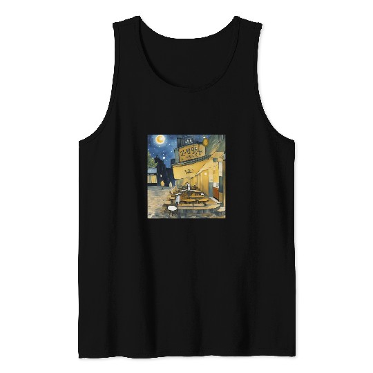 Tokyo Cafe Terrace Starry Night Sky Moon Van Gogh Painting Tank Tops