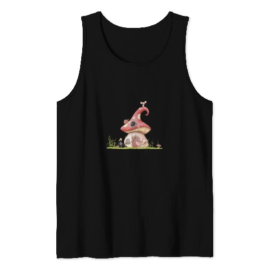 Kids Mushroom House Art Mice Snail Bee Ladybug Illustration Tank Tops
