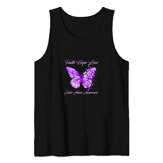 Faith Hope Love Butterfly Purple Ribbon Elder Abuse Month Tank Tops