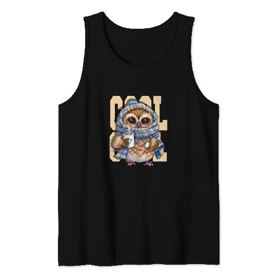 Owl Pet Chibi Cool Owl Holding Hot Chocolate Milk Tank Tops