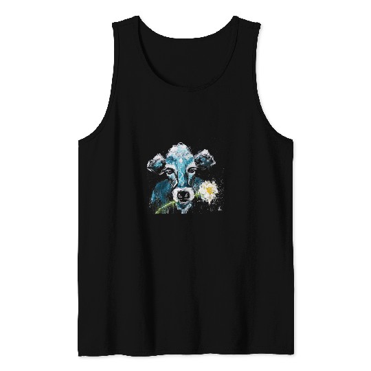 Cow Lover Face Boho Painting Farmhouse Floral Farm Girl Blue Black Tank Tops