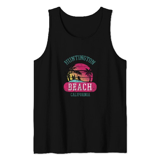 Distressed Huntington Beach CA Beach Sunset Novelty Art Tank Tops
