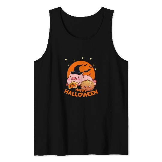 Cute kawaii halloween pig eating pumpkin pie jack o lantern Tank Tops