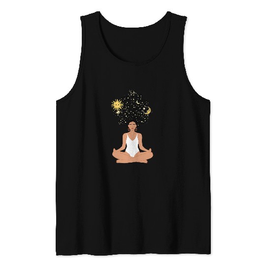 Woman With Stars Sky Sun And Moon Meditating in Lotus Tank Tops