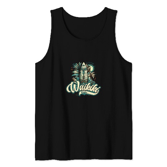 Waikiki Beach Polynesian Hawaii Surf Design Tank Tops