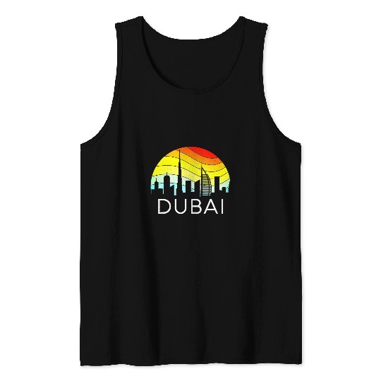 Dubai Retro Skyline City Arab Emirates UAE Architecture Art Tank Tops