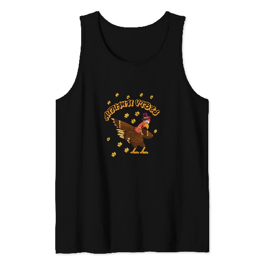 Cute Autumn Vibes Dabbings Turkey With Fall Leaves Tank Tops