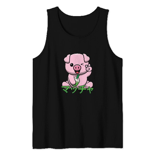 Kawaii Anime Pig 2Matcha Milk Tea 2Japanese Aesthetics Tank Tops