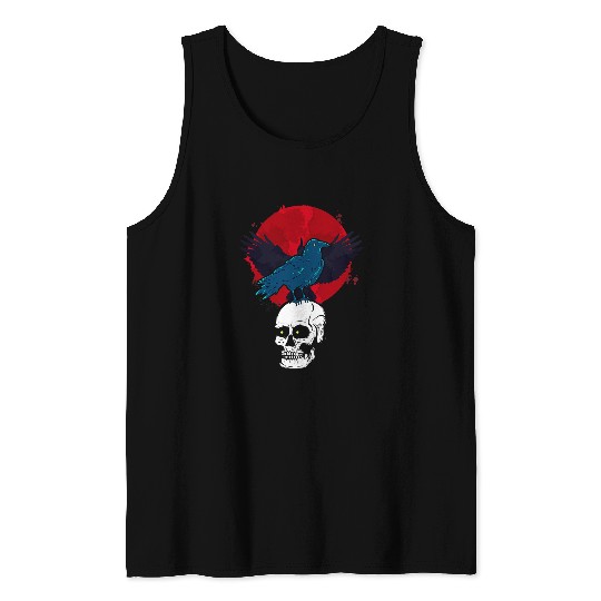 Lacrosse Gift Bird Gothic Spooky Animal Red Moon Crow Skull Raven Tank Tops