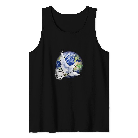 World Peace White Dove Olive Branch Flying Over Planet Earth Tank Tops