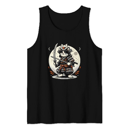 Retro Japanese Cat Kawaii Tattoo Graphic Kid Boy Samurai Cat Tank Tops