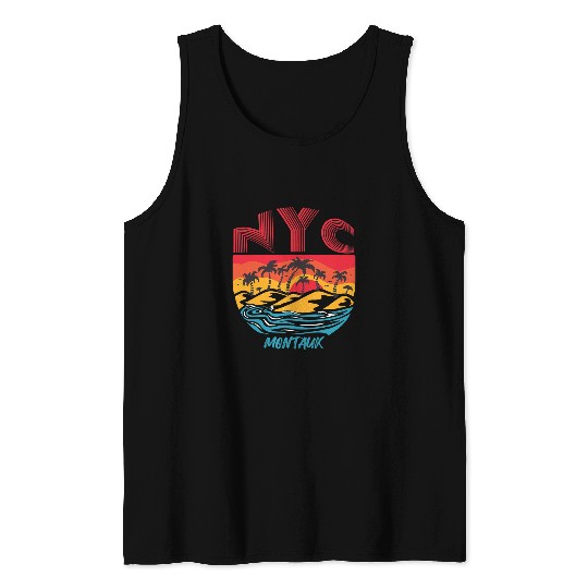 Surf Life Retro Montauk Beach Long Island Palm trees Ocean Surfing Tank Tops