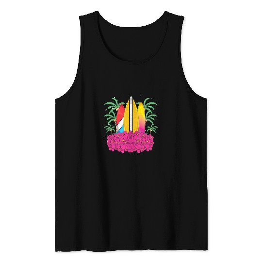 Surf Life Water Sport Palm Trees Surfboard Hibiscus Tropical Surfing Tank Tops