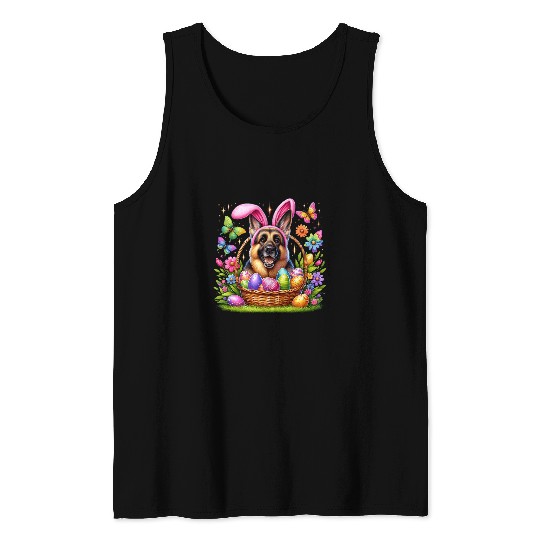 Cute Bunny German Shepherd Dog Easter Eggs Basket Easter Day Tank Tops
