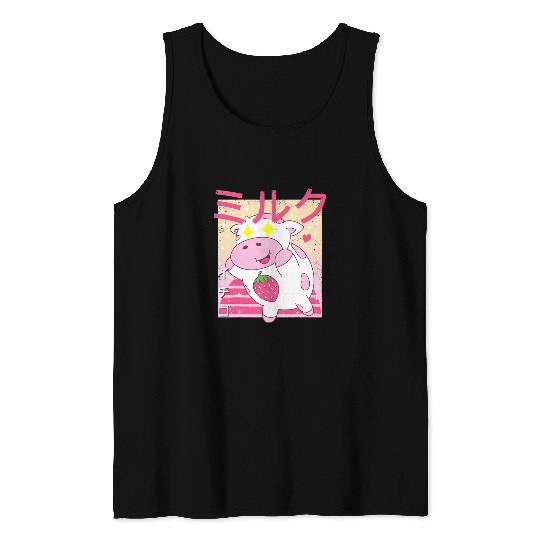 Cow Lover Funny Japanese Kawaai Cow Strawberry Milk Shake Retro 90s Tank Tops
