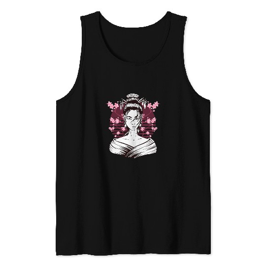 Geisha Girl In Kimono Sakura Cherry Blossom Japanese Tank Tops