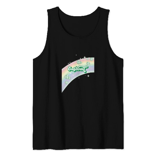 I Love Softball Pastel Rainbow Stars Aesthetic Kelly Green Tank Tops