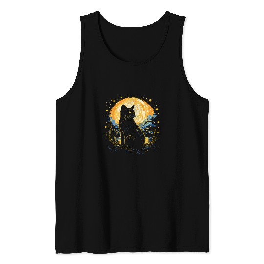 Art Van Gogh Starry Night black cats for Cats Lover Mom Dad Tank Tops