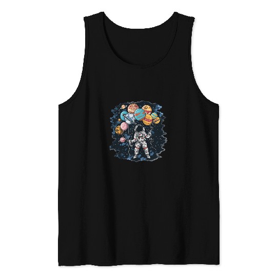 Astronaut Holding Planet Balloons SolarSystem Space Kids Tank Tops