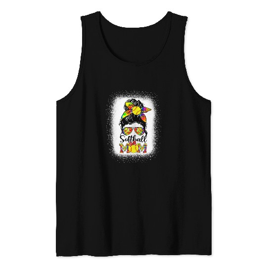 Bleached Softball Mom Life Tie Dye Messy Bun Baseball Mom Tank Tops