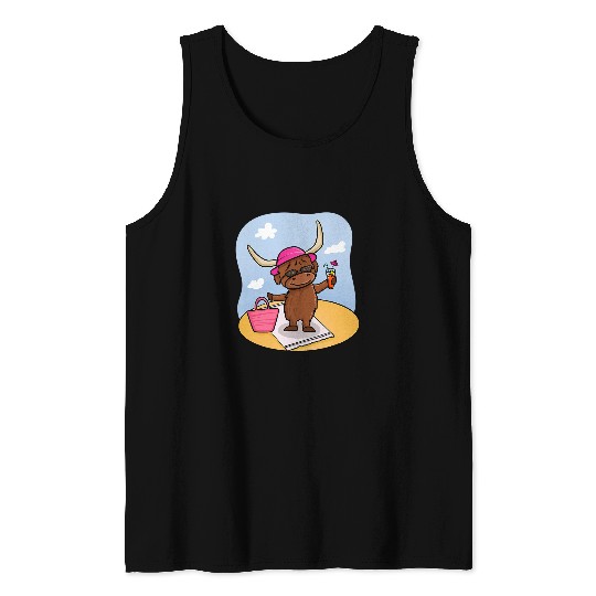Cow Lover Highland Cattle Cow At The Beach Funny Summer Highland Cow Tank Tops