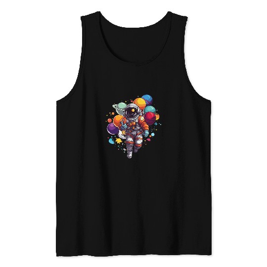 Astronaut with Planet Balloons Tank Tops
