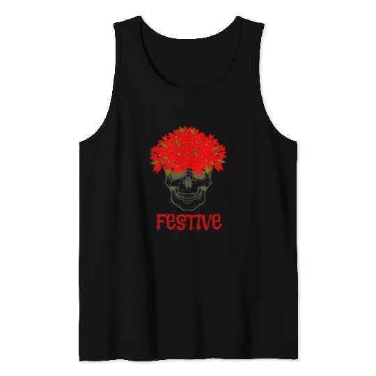 Festive Red Poinsettia and Skull Art in Grunge Style Tank Tops