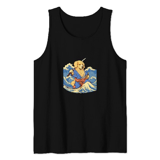 Golden Retriever Dog Japanese Grand Wave Ukiyoe Art Ninja Tank Tops