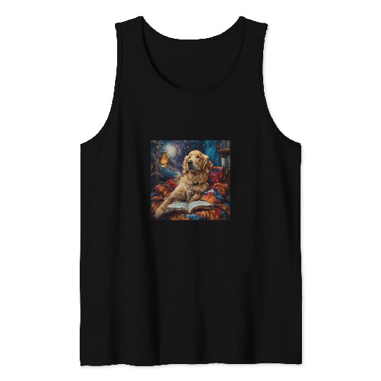 Golden Retriever Dog Reading Book 1 Tank Tops