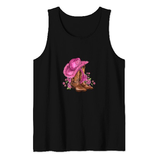 Floral Pink Cowgirls Boots And Hat Valentines Western Country Tank Tops