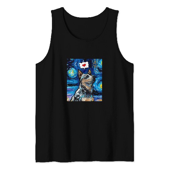 Blue Heeler Love Thought Bubble Starry Night Dog Art by Aja Tank Tops