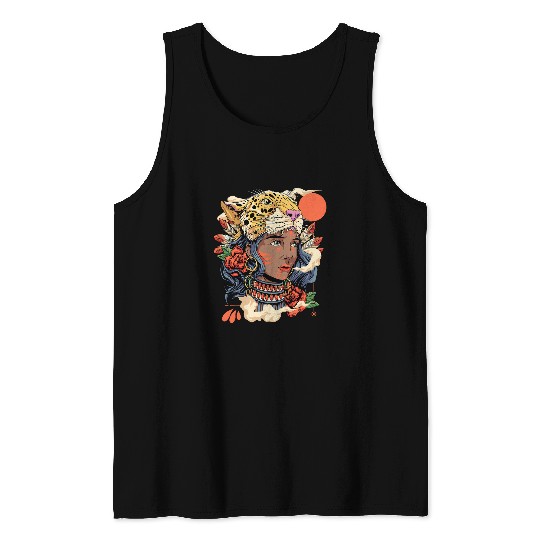 Black Queen Cheetah African Woman Tribal Headdress Black Art Tank Tops