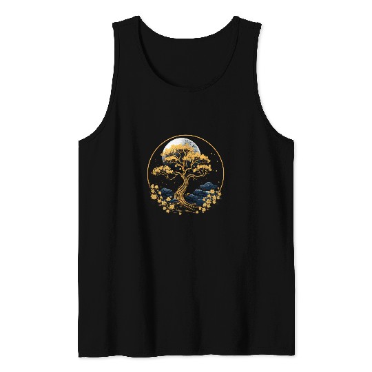 Bonsai Japanese Art Gardening Full Moon Aesthetic Retro Tank Tops