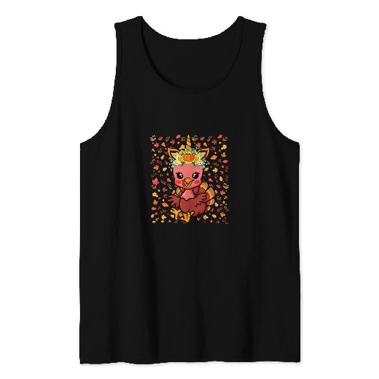 Thanksgiving Turkey With Unicorns Horn Fall Leaves Pumpkins Tank Tops